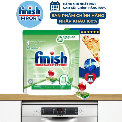 Túi 70 viên Finish All in 1 Max, 10 tính năng, 0% Ecolabel EU, thân thiện môi trường, an toàn cho gia đình có trẻ nhỏ, cho máy 9-13 bộ
